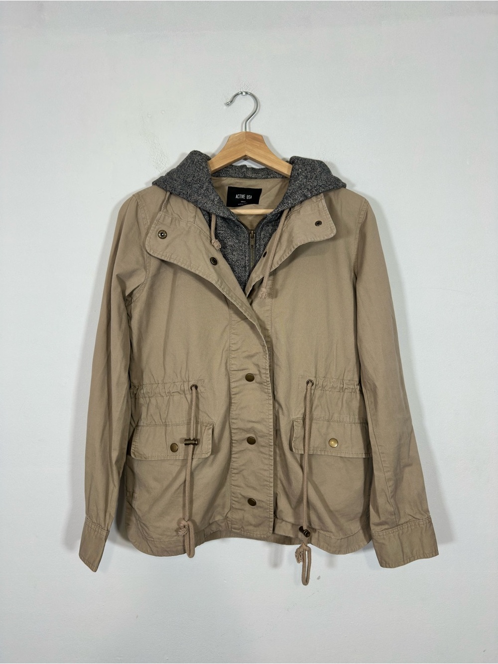 Active USA Women's Hooded Utility Jacket Size S Tan Layered Casual Outdoor Fall